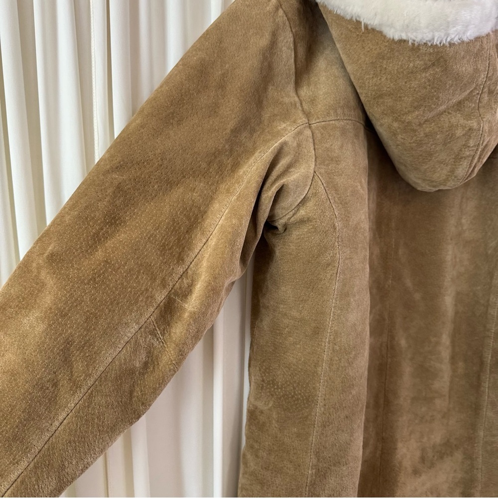 Adler Tan Suede‎ Jacket Faux Fur Lining Collar & Hood Vtg Y2k 90s Winter Cozy - Picture 7 of 7